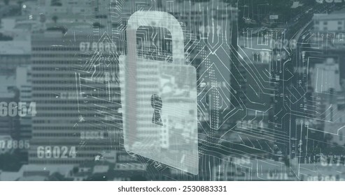 Image of integrated circuit and numbers over cityscape. Network, data processing, digital security and technology concept digitally generated image.
