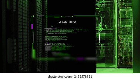 Image of interface ai data mining over computer servers. Connection, data, ai, processing, digital interface and communication, digitally generated image.
