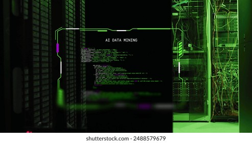 Image of interface ai data mining over computer servers. Connection, data, ai, processing, digital interface and communication, digitally generated image.