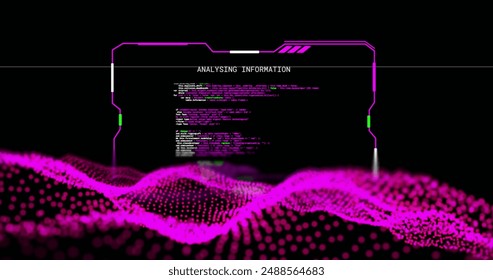 Image of interface analysing information over pink network wave on black background. Connection, data, ai, processing, digital interface and communication, digitally generated image.