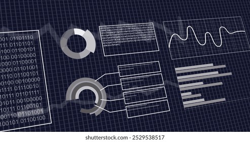 Image of interface with binary coding and statistical data processing against blue background. Computer interface and business data technology concept