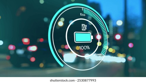 Image of interface with charging battery icon and speedometer over road. energy, power and fuel technology digital interface concept digitally generated image. - Powered by Shutterstock