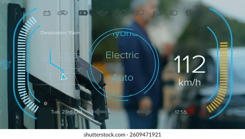 Image of interface with charging battery icon and speedometer over petrol station. energy, power and fuel technology digital interface concept digitally generated image. - Powered by Shutterstock - Get 15% off with code: PIKWIZARD15