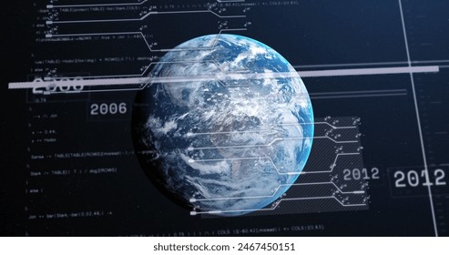 Image of interface with data processing against spinning globe in space. Computer interface and business technology concept