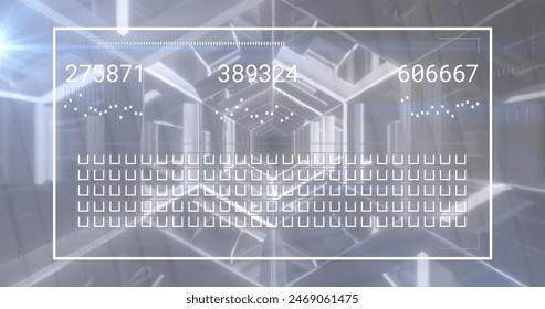Image of interface with data processing against hexagonal tunnel in seamless pattern. Computer interface and business technology concept