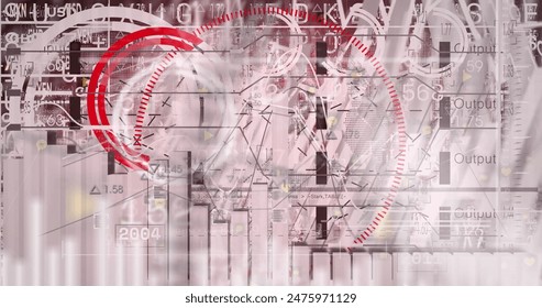 Image of interface with data processing against red background. Computer interface and business technology concept