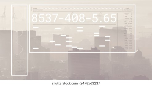 Image of interface with data processing against aerial view of cityscape. Computer interface and business technology concept