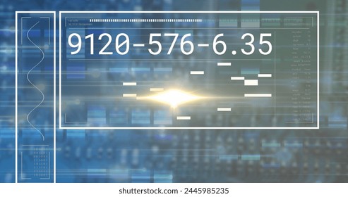 Image of interface with data processing and light spot against blue mosaic squares. Computer interface and business technology concept - Powered by Shutterstock