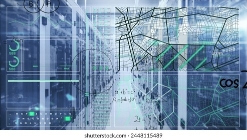 Image of interface with data processing and mathematical equations against server room. Computer interface and business data storage technology concept