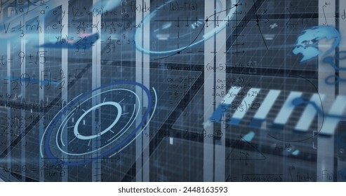 Image of interface with data processing and mathematical equations against computer server room. Computer interface and business data storage technology concept