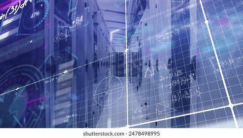 Image of interface with data processing and mathematical equations against server room. Computer interface and business data storage technology concept