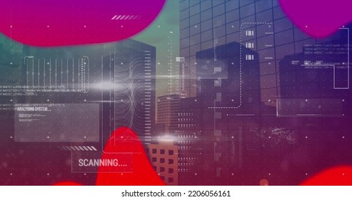 Image of interface with data processing over liquid abstract shapes against tall buildings. Computer interface and business technology concept