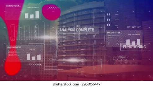 Image of interface with data processing over liquid abstract shapes against tall buildings. Computer interface and business technology concept