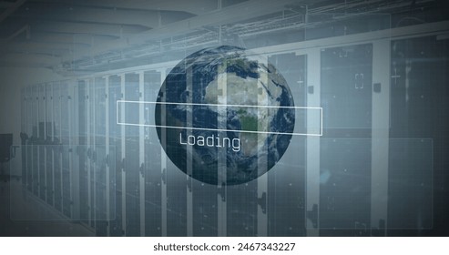 Image of interface with data processing over spinning globe against computer server room. Computer interface and business data storage technology concept