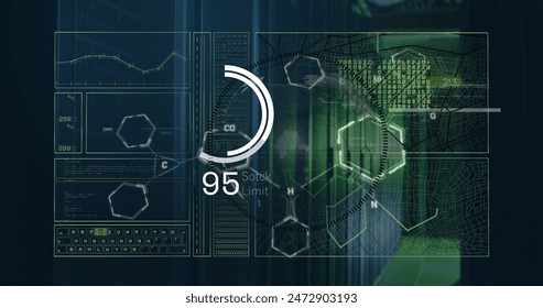 Image of interface with data processing over spinning globe against computer server room. Computer interface and business data storage technology concept