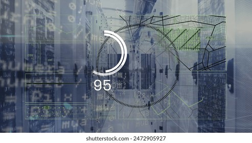 Image of interface with data processing over spinning globe against computer server room. Computer interface and business data storage technology concept