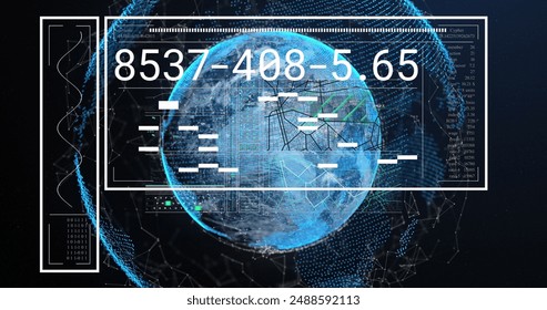Image of interface with data processing over globe and network of connections on blue background. Global networking and business technology concept
