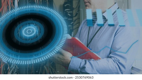 Image of interface with data processing over caucasian male engineer working at server room. Computer interface and business data storage technology concept