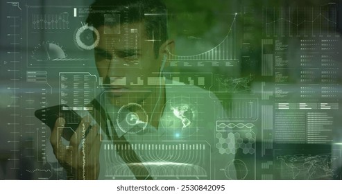 Image of interface with data processing over biracial man talking on smartphone outdoors. Computer interface and business technology concept - Powered by Shutterstock