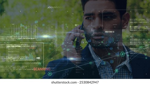 Image of interface with data processing over biracial businessman talking on smartphone. Computer interface and business networking technology concept - Powered by Shutterstock