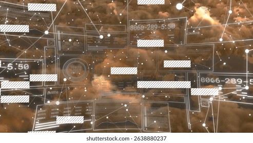 Image of interface and data processing over cloudy sky at sunset. Global communication, research, digital interface and data concept digitally generated image.