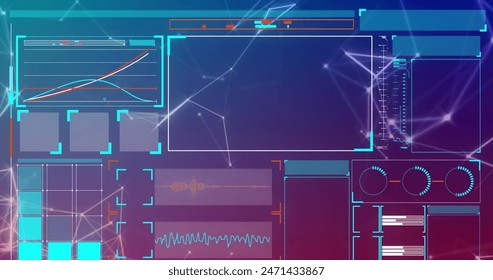 Image of interface with data processing and plexus networks against purple gradient background. Computer interface and business data technology concept - Powered by Shutterstock - Get 15% off with code: PIKWIZARD15