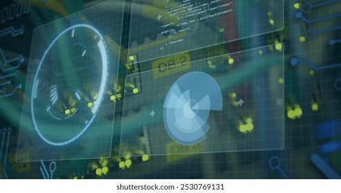 Image of interface with data processing and round scanner over close up of a computer server. Computer interface and business data storage technology concept