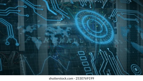 Image of interface with data processing and round scanner over close up of a computer server. Computer interface and business data storage technology concept