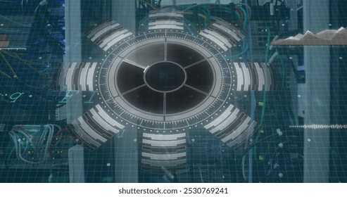 Image of interface with data processing and round scanner over close up of a computer server. Computer interface and business data storage technology concept