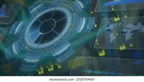 Image of interface with data processing and round scanner over close up of a computer server. Computer interface and business data storage technology concept