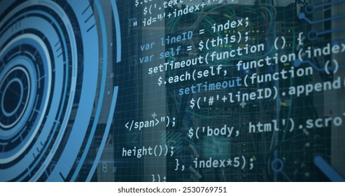 Image of interface with data processing and round scanner over close up of a computer server. Computer interface and business data storage technology concept