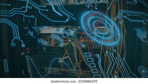 Image of interface with data processing and round scanner over close up of a computer server. Computer interface and business data storage technology concept