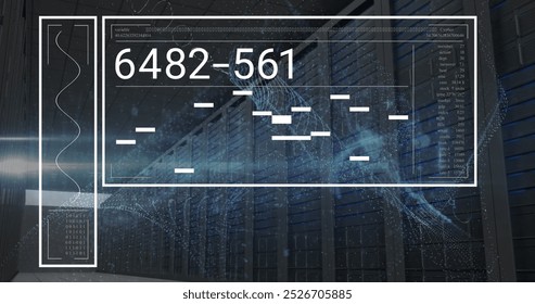 Image of interface with data processing and security padlock icon against server room. Computer interface and business data storage technology concept