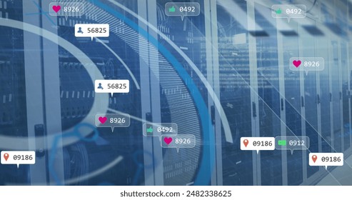 Image of interface with data processing and social media icons floating over server room. Social media networking and business data storage technology concept - Powered by Shutterstock