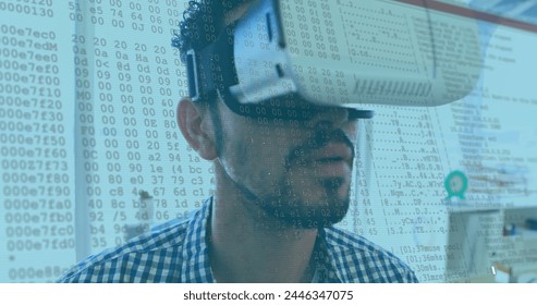 Image of interface with digital information moving rapidly over man wearing vr headset. communication technology digital interface concept, digitally generated image. - Powered by Shutterstock - Get 15% off with code: PIKWIZARD15