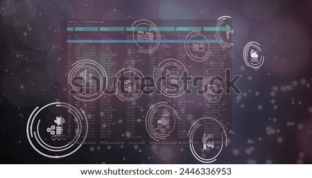 Image of interface with financial icons and information moving on dark background. communication technology digital interface concept, digitally generated vide