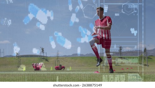 Image of interface with medical structure over male players exercising on playground. Digital composite, multiple exposure, molecule, sport, competition, exercising, practicing, training, fitness.