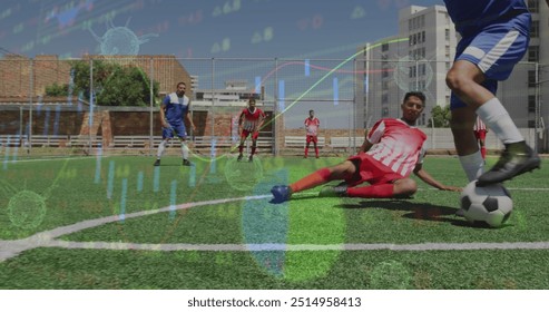 Image of interface processing data over diverse male footballers playing game on pitch. Sports, competition, fitness and technology concept digitally generated image. - Powered by Shutterstock