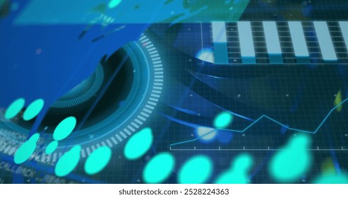Image of interface with round scanner and data processing against close up of computer server. Computer interface and business data storage technology concept