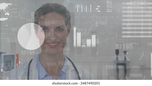 Image of interface screen with charts and data moving over portrait of caucasian female doctor. Digital composite, hologram, infographic, futuristic, medical and healthcare concept.