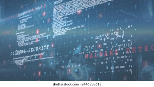 Image of interface screens with moving text information and security alert over dark background. communication security technology digital interface concept, digitally generated image.