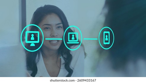 Image of interface showing connected people icons with businesswoman talking in meeting. global communication interface concept, digitally generated image.