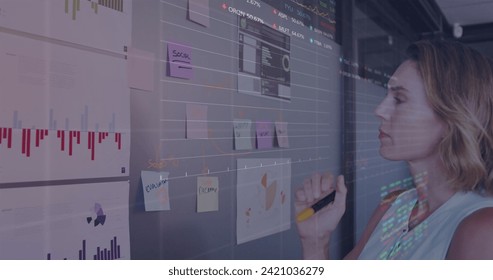 Image of interface showing data and statistics with businesswoman working in office. global communication technology digital interface concept, digitally generated image.