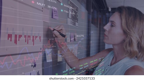 Image of interface showing data and statistics with businesswoman working in office. global communication technology digital interface concept, digitally generated image.