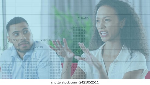 Image of interface showing data and statistics with businesswoman colleagues in meeting. global communication technology digital interface concept, digitally generated image. and