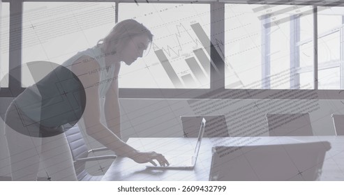 Image of interface showing data and statistics with businesswoman working in office. global communication technology digital interface concept, digitally generated image.