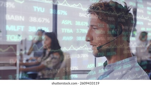 Image of interface showing data and statistics with man talking on phone in office. global communication technology digital interface concept, digitally generated image.