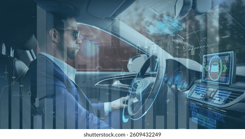 Image of interface showing statistic and information displays with man in self driving car. communication technology digital interface concept, digitally generated image.