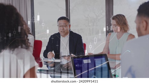 Image of interface showing statistics and information with business people talking at a meeting. communication technology digital interface concept, digitally generated image.