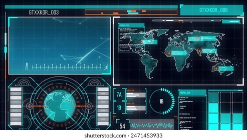 Image of interface with spinning globe, world map and data processing on blue background. Computer interface and business data technology concept